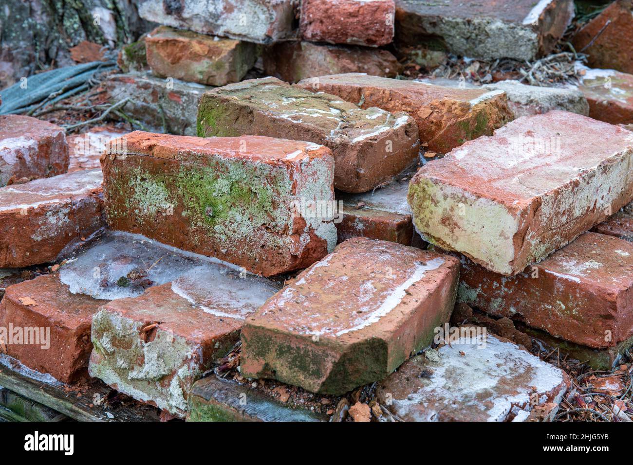 Close-up of old red bricks from demolished building Stock Photo