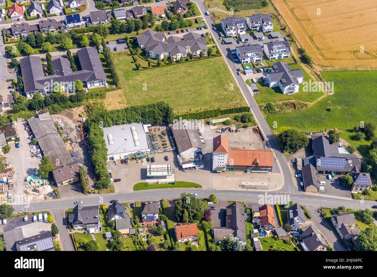 Aerial view, Raiffeisen Sauerland Hellweg Lippe eG, PROVITA Wohn- und Pflegezentrum Ense, Bremen, Ense, Sauerland, North Rhine-Westphalia, Germany, DE Stock Photo