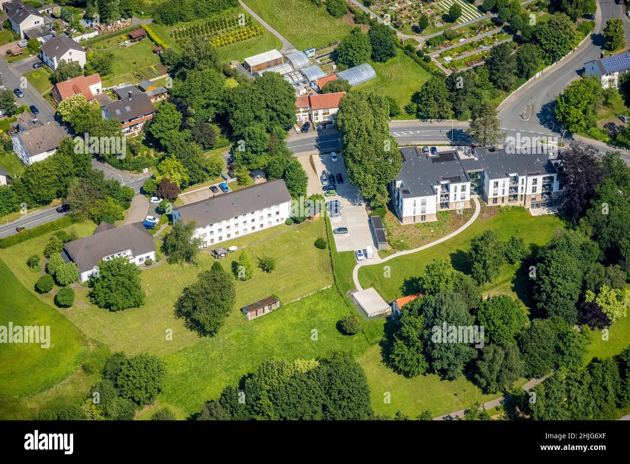 Aerial view, Sozialwerk St. Georg, Caritas Haus am Spring, Bremen, Ense, Sauerland, North Rhine-Westphalia, Germany, DE, Europe, aerial photograph, ae Stock Photo