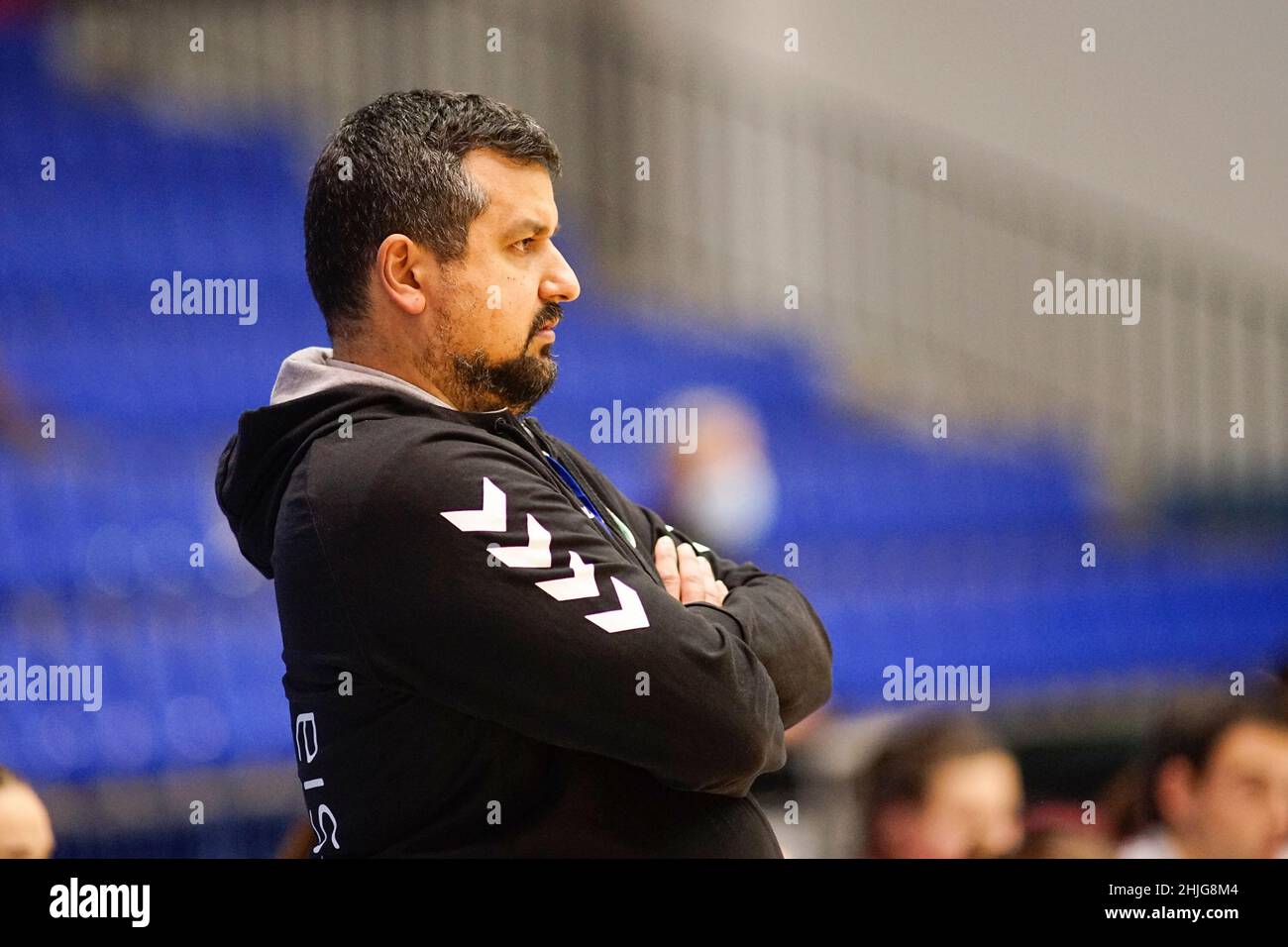 Malaga, Spain. 29th Jan, 2022. Club Balonmano Zuazo coach Joseba