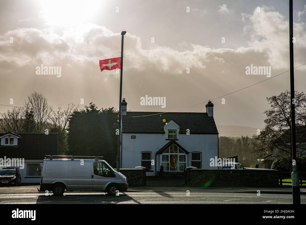 Drumahoe County Derry, UK. 29th Jan, 2022. Parachute Regiment Flags flying in Drumahoe, a town located 3.2 miles out of Derry/Londonderry. It has been seen as insensitive with the 50th Anniversary of Bloody Sunday tomorrow (30th January 2022) Credit: Bonzo/Alamy Live News Stock Photo