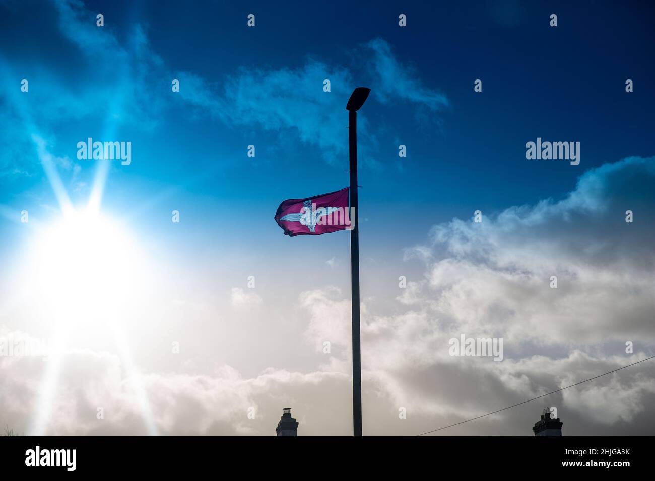 Drumahoe County Derry, UK. 29th Jan, 2022. Parachute Regiment Flags flying in Drumahoe, a town located 3.2 miles out of Derry/Londonderry. It has been seen as insensitive with the 50th Anniversary of Bloody Sunday tomorrow (30th January 2022) Credit: Bonzo/Alamy Live News Stock Photo