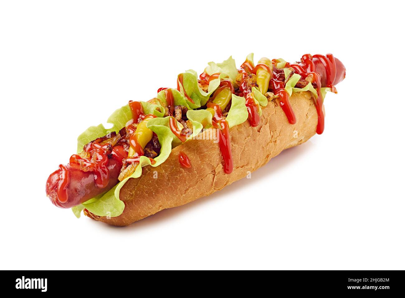 Yummy hotdog with huge sausage on white background Stock Photo