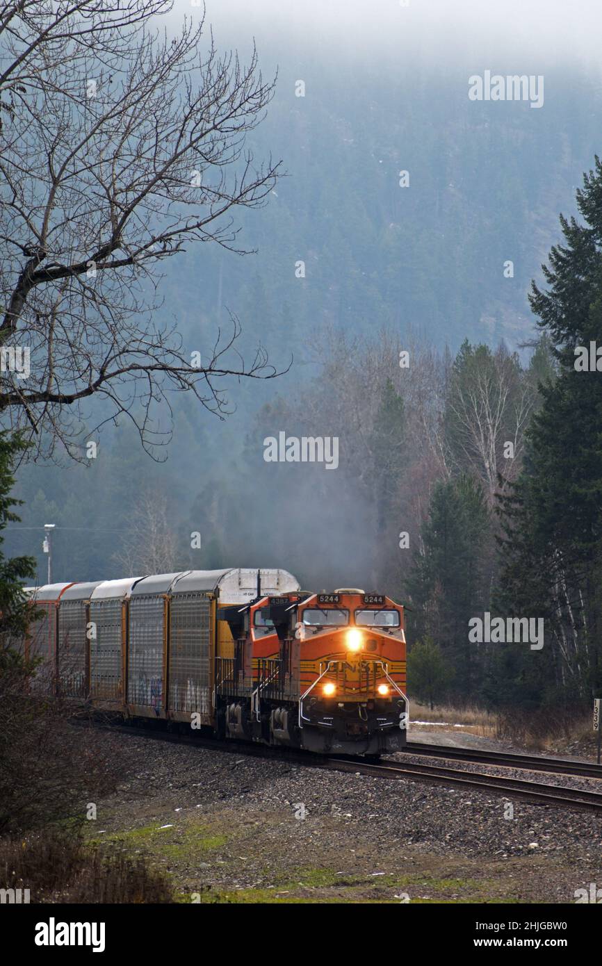 Burlington Northern Santa Fe train engine 5244 traveling down the Northern Transcon route that runs from Seattle to Chicago. Near Troy, Montana. Stock Photo