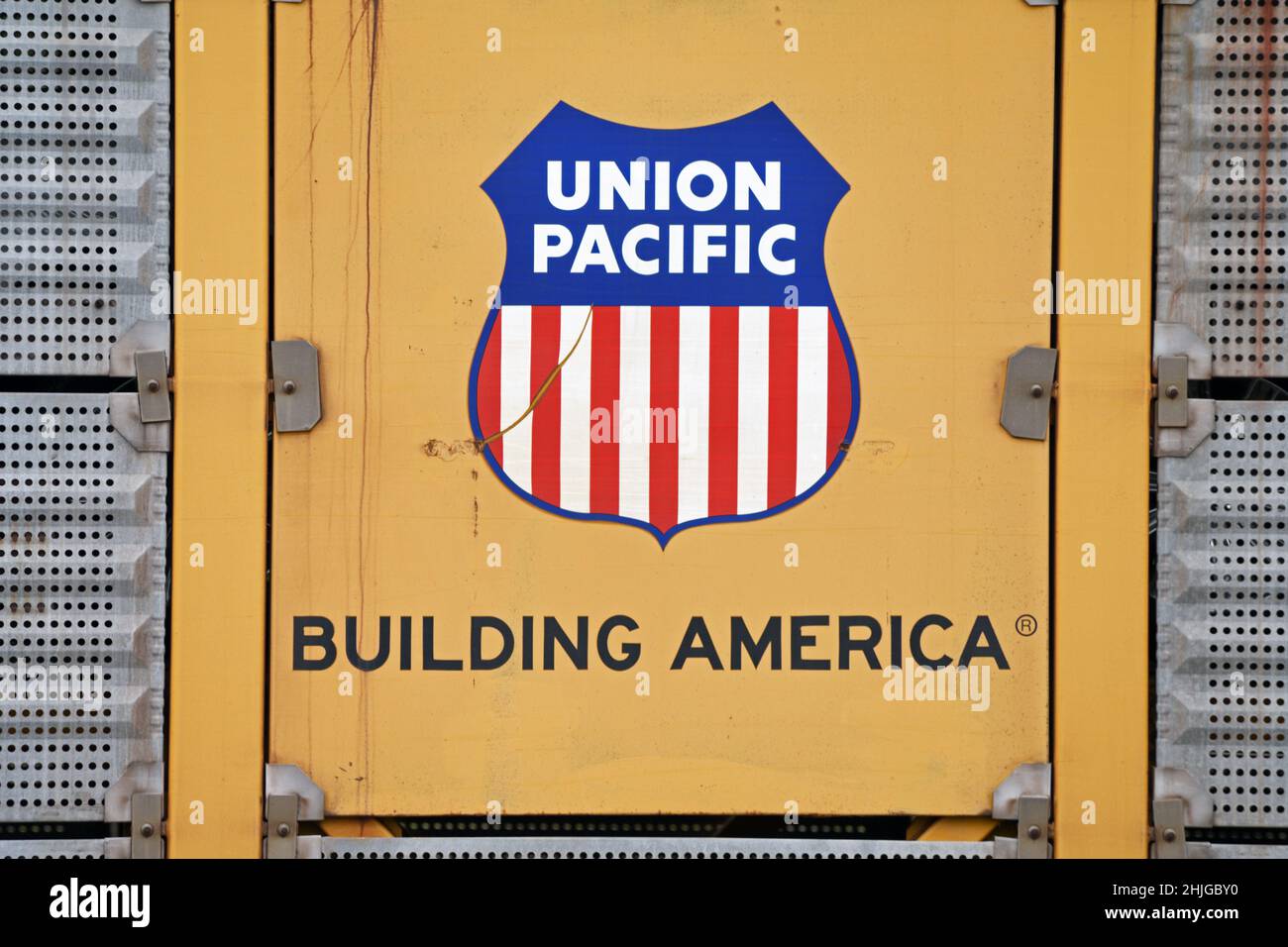 Union Pacific logo on a shipping container traveling down a BNSF railway line. Near Troy, Montana. (Photo by Randy Beacham) Stock Photo