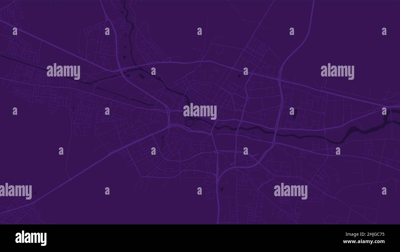 Purple Bydgoszcz city area vector background map, roads and water illustration. Widescreen proportion, digital flat design roadmap. Stock Vector