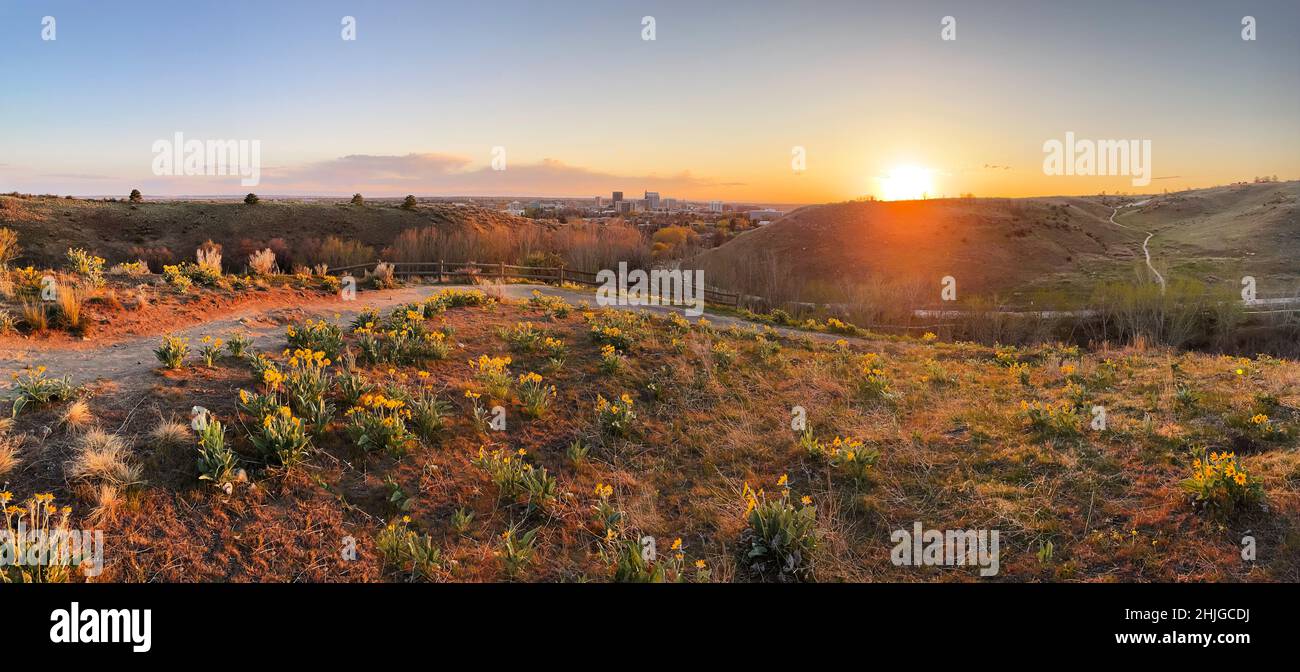 Panoramic sunset featuring downtown Boise from the Boise Foothills in the Military Reserve area. Stock Photo