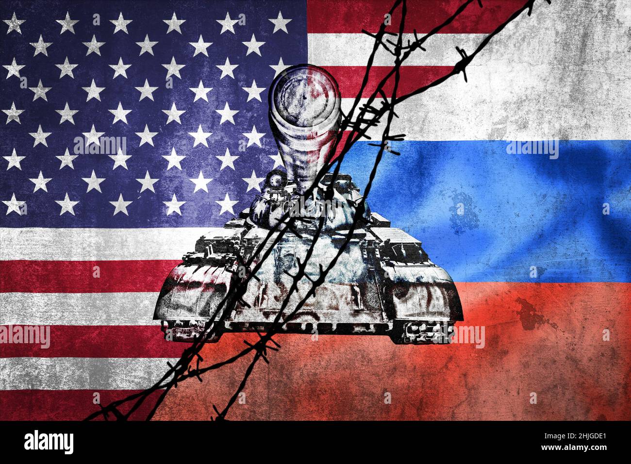Grunge flags of Russian Federation and USA divided by barb wire and tank illustration, concept of tense relations between west and Russia Stock Photo