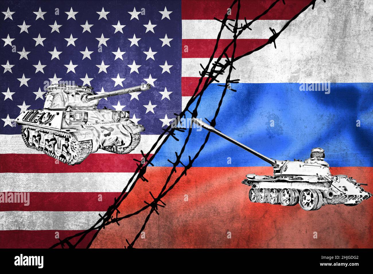 Tanks pointing at each other on grunge flags of Russian Federation and USA divided by barb wire illustration, concept of tense relations between west Stock Photo