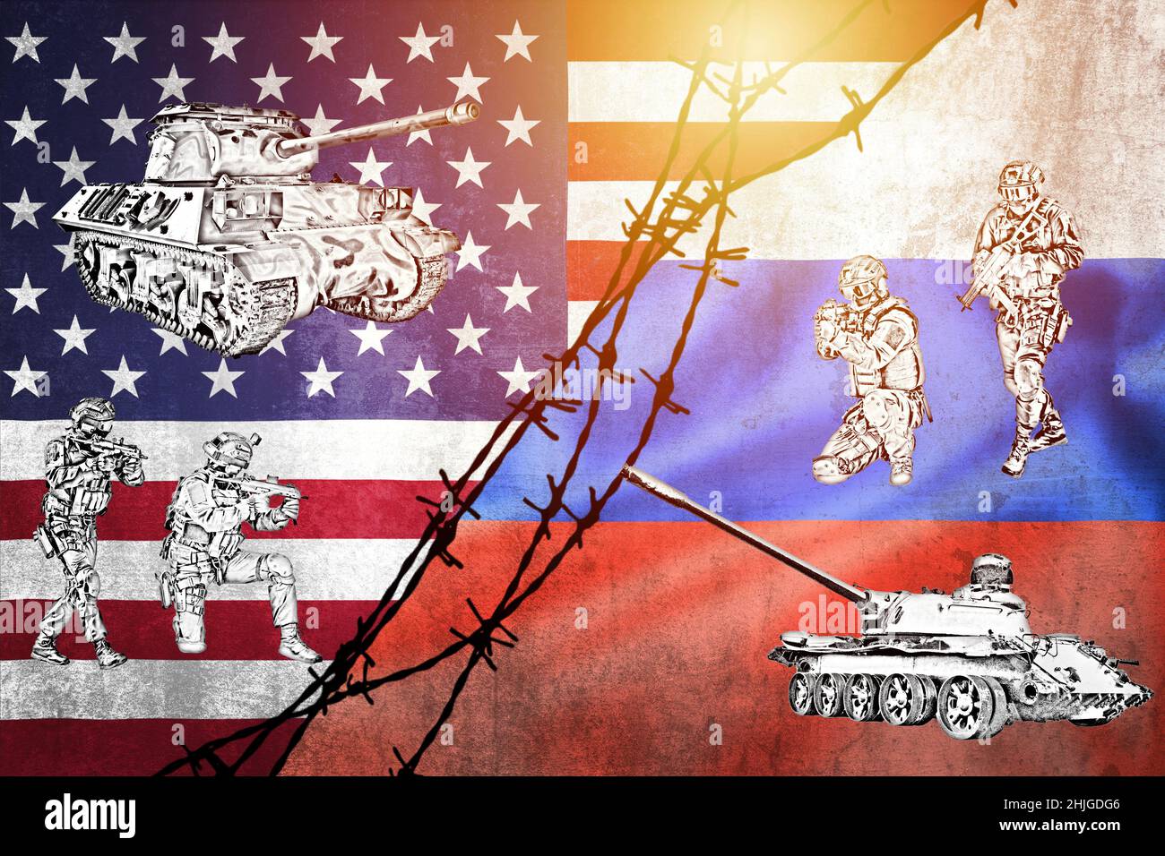War games between Russia and USA on flags divided by barb wire illustration, pointing at each other, concept of tense relations between west and Russi Stock Photo