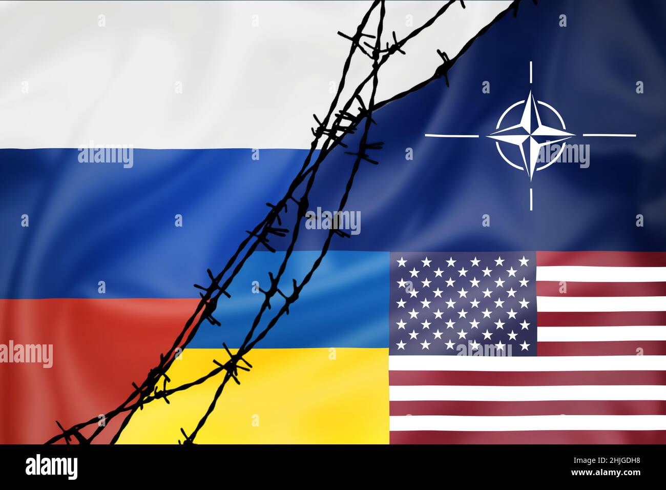 Silk flags of Russian Federation, NATO, USA and Ukraine divided by barb wire illustration, concept of tense relations between west and Russia Stock Photo