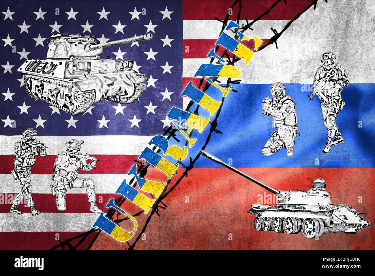 War games between Russia and USA over Ukraine on grunge flags illustration, pointing at each other, concept of tense relations between west and Russia Stock Photo