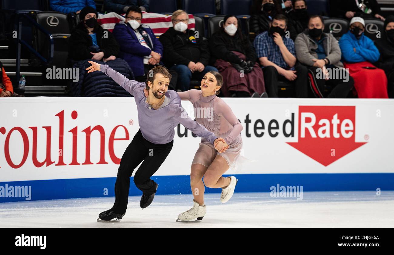 Jean-Luc Baker and Kaitli Hawayek compete in the dance free skate that helped them win the bronze medal at the U.S. Nationals. Stock Photo