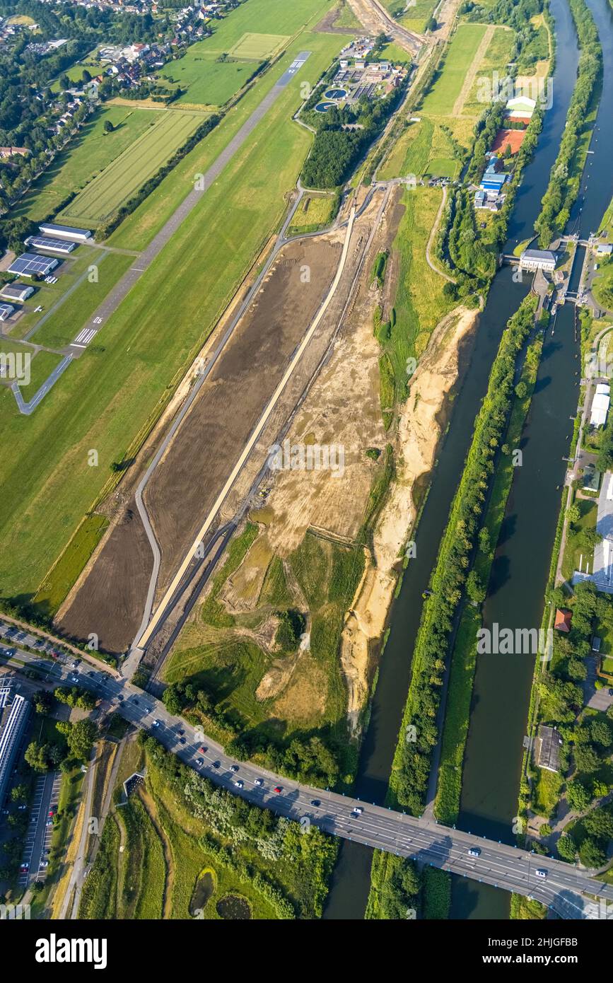 Aerial view, Hamm-Lippewiesen airfield, Lippe floodplain, Hamm lock, Lippe river, Datteln-Hamm canal, Lippe reconstruction construction site protectiv Stock Photo