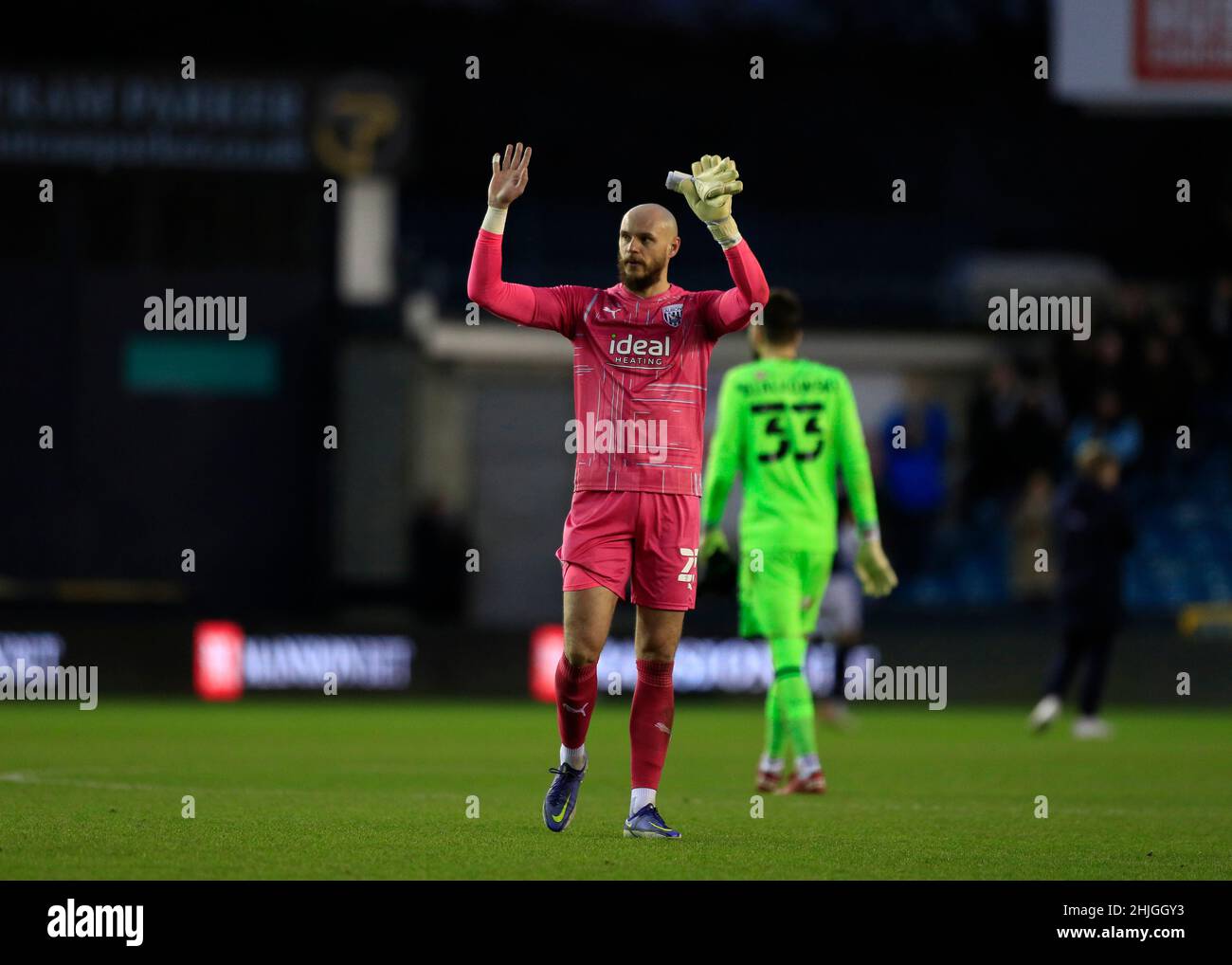 The Den, Millwall, London, UK. 29th Jan, 2022. Championship football, Millwall versus West Bromwich Albion: Goalkeeper David Button of West Bromwich Albion puts his hands up to the Albion fans after full time Credit: Action Plus Sports/Alamy Live News Stock Photo