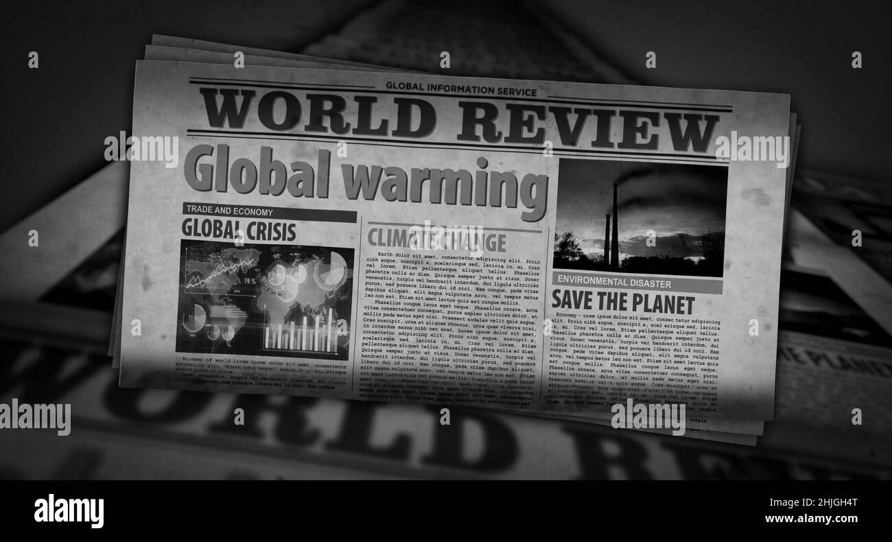 Global warming, climate change, ecology crisis and environment disaster. Newspaper print. Vintage press abstract concept. Retro 3d rendering illustrat Stock Photo
