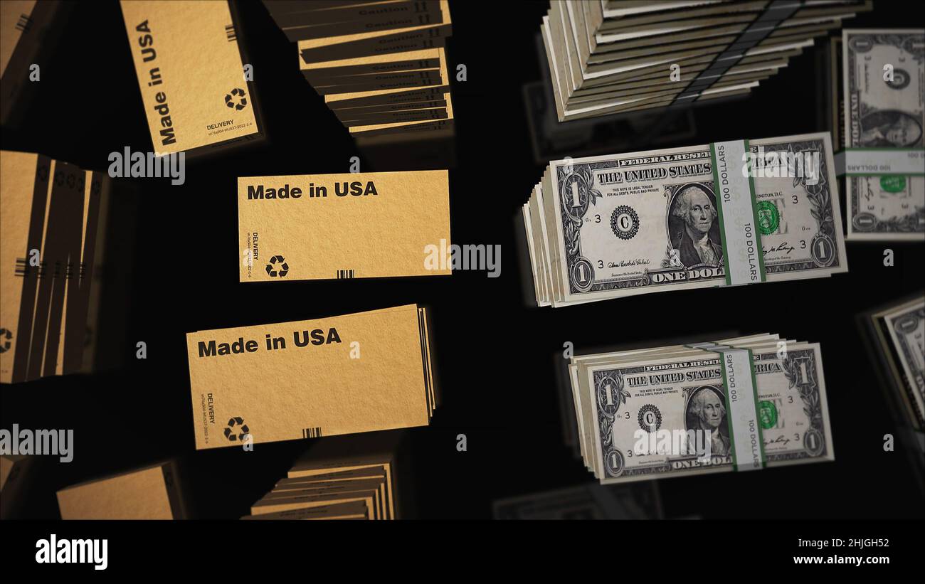 Made in USA box line with US Dollar money bundle stacks. Export, trade, delivery, production, shipping, business and import. Abstract concept 3d loopa Stock Photo
