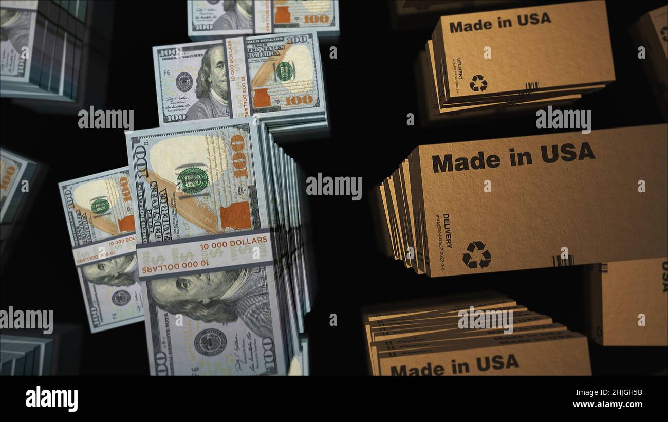 Made in USA box line with US Dollar money bundle stacks. Export, trade, delivery, production, shipping, business and import. Abstract concept 3d loopa Stock Photo