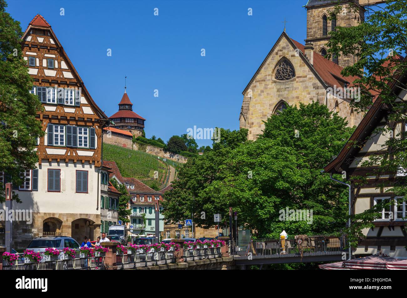 Esslingen am Neckar, Baden-Württemberg, Germany: View from the Agnes Bridge over the Roßneckar Canal to the town church of St. Dionys. Stock Photo