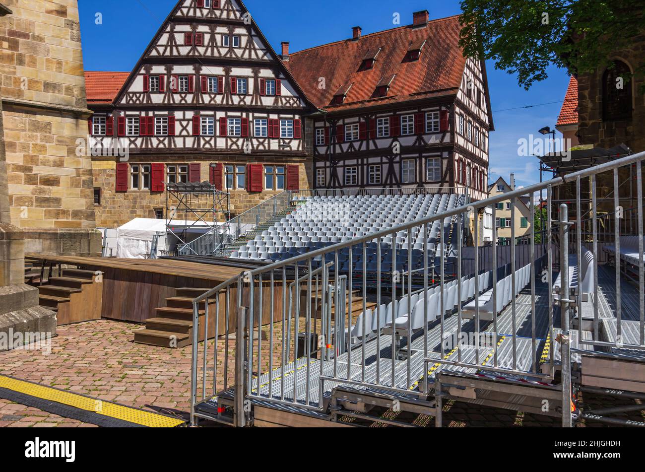 Esslingen am Neckar, Baden-Württemberg, Germany - May 28, 2017: Empty stage and grandstand for open air events on the South side of the town church. Stock Photo