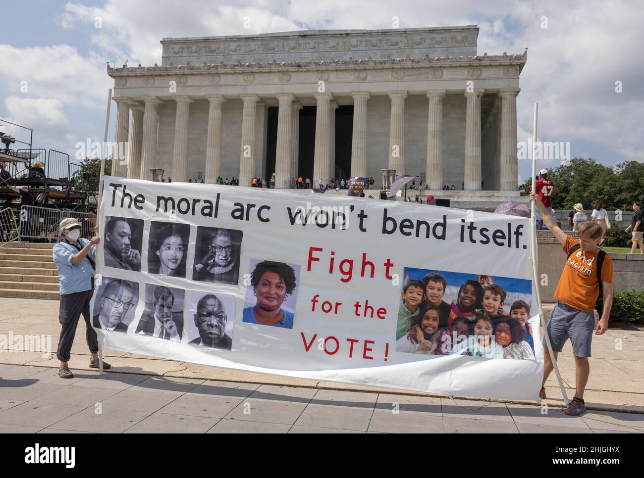 WASHINGTON, D.C. -- August 28, 2021: Demonstrators are seen during the Make Good Trouble Rally at the Lincoln Memorial. Stock Photo