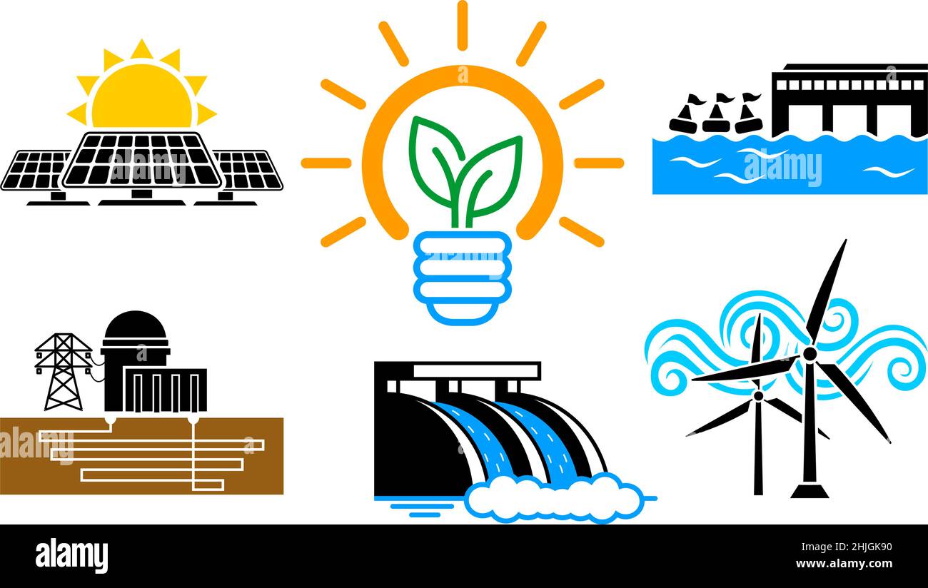 Green energy transition icons set. Electricity generation renewable source types. Solar, wind, hydro, sea, geothermal power mix. Vector on transparent Stock Vector