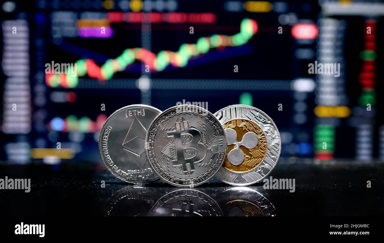Coin Bitcoin, ETH and XRP on background cryptocurrency trading chart on  computer screen. Digital money, banking, investment, finance and business  conc Stock Photo - Alamy