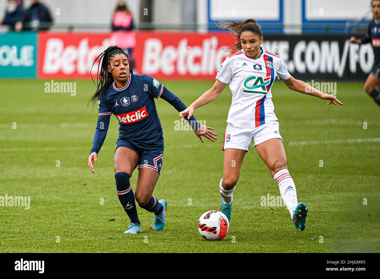 Saint-Germain-en-Laye, France. 29th Jan, 2022. Ashley Lawrence of PSG  (left) and Delphine Cascarino of Olympique Lyonnais during the Women's  French Cup, round of 16 football match between Paris Saint-Germain and  Olympique Lyonnais (