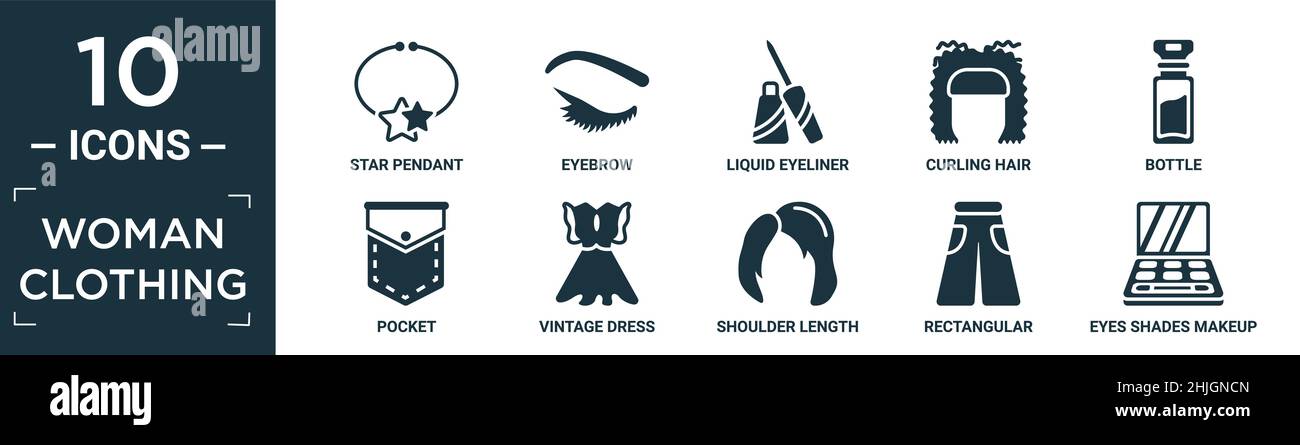 filled woman clothing icon set. contain flat star pendant, eyebrow, liquid eyeliner, curling hair, bottle, pocket, vintage dress, shoulder length, rec Stock Vector