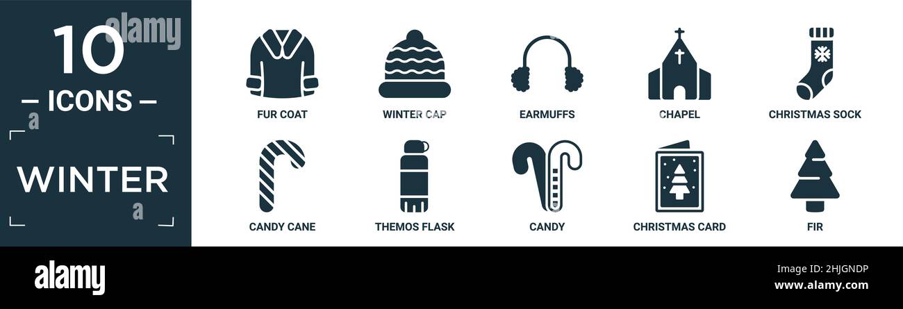 filled winter icon set. contain flat fur coat, winter cap, earmuffs, chapel, christmas sock, candy cane, themos flask, candy, christmas card, fir icon Stock Vector