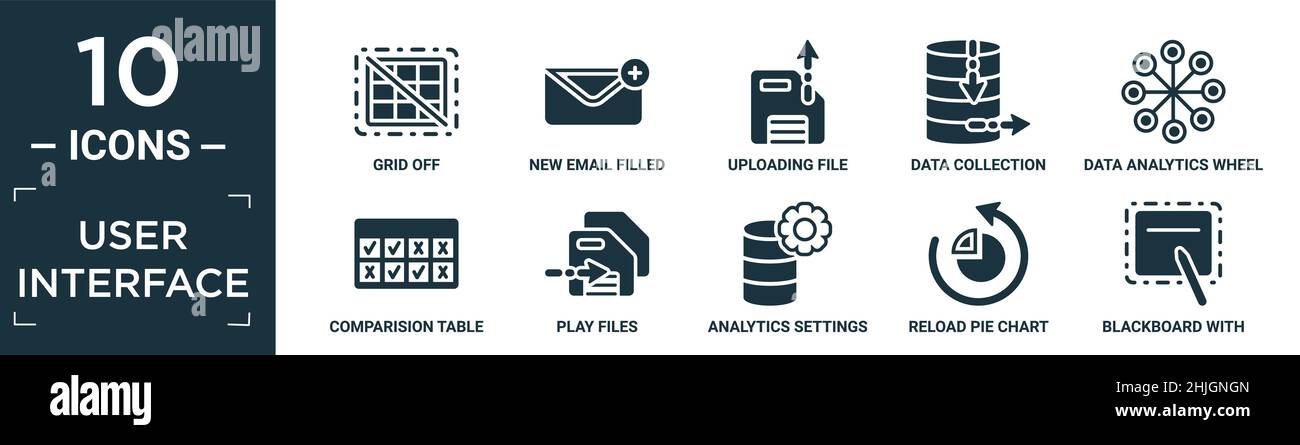 filled user interface icon set. contain flat grid off, new email filled envelope, uploading file, data collection, data analytics wheel, comparision t Stock Vector