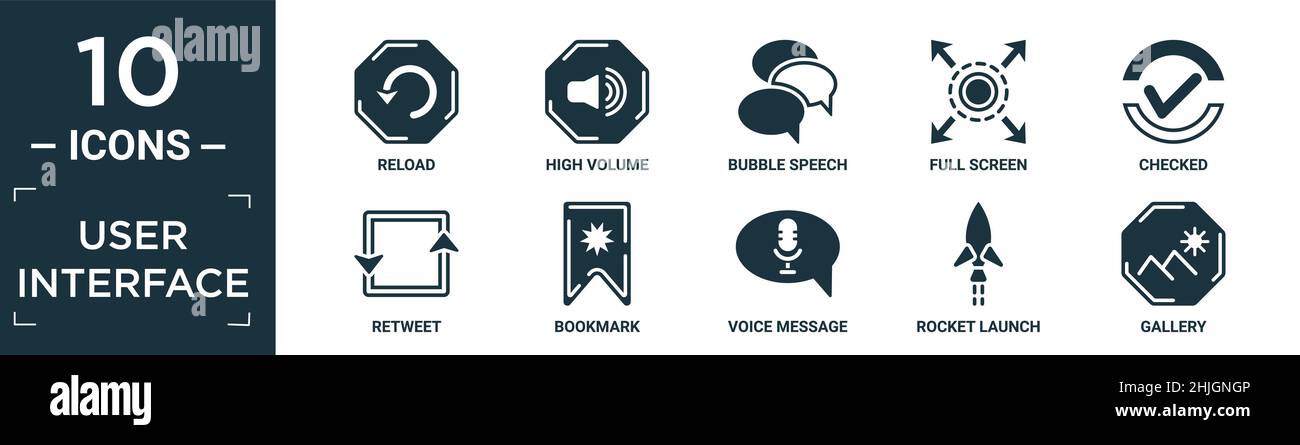 filled user interface icon set. contain flat reload, high volume, bubble speech, full screen, checked, retweet, bookmark, voice message, rocket launch Stock Vector