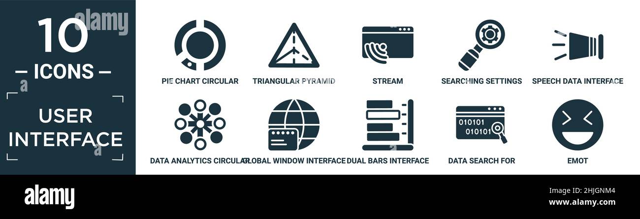 filled user interface icon set. contain flat pie chart circular interface, triangular pyramid, stream, searching settings interface, speech data inter Stock Vector