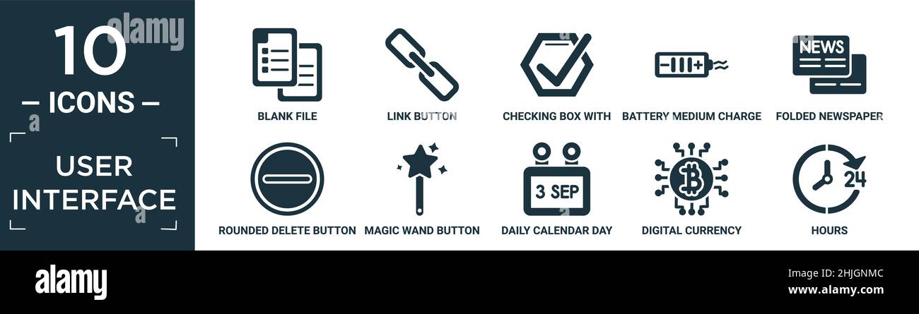 filled user interface icon set. contain flat blank file, link button, checking box with a checkmark, battery medium charge, folded newspaper, rounded Stock Vector
