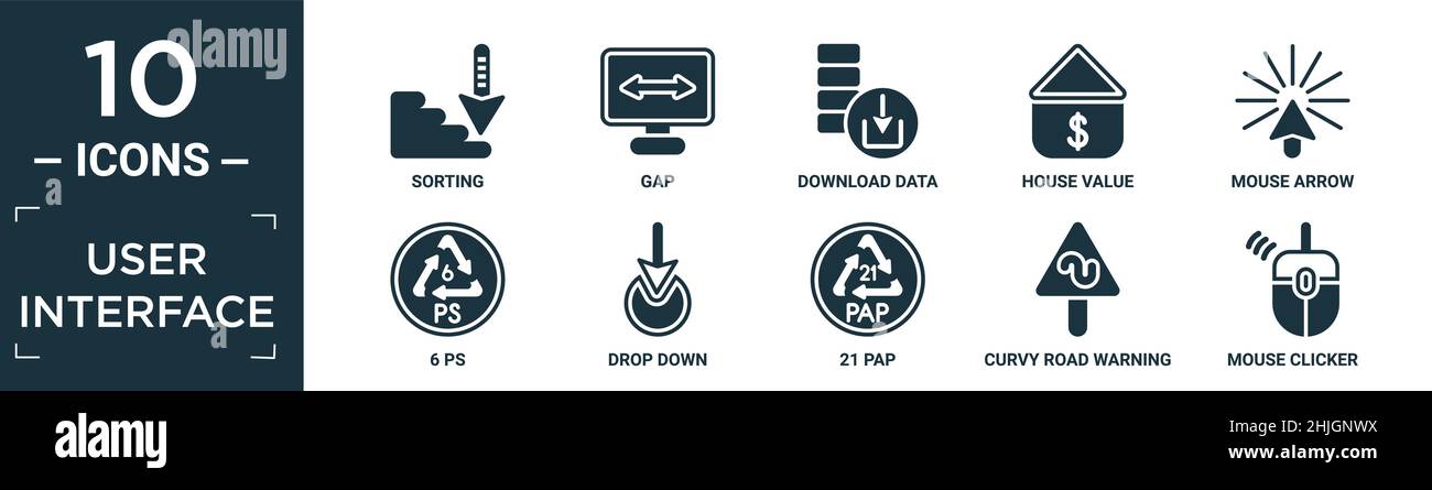 filled user interface icon set. contain flat sorting, gap, download data, house value, mouse arrow, 6 ps, drop down, 21 pap, curvy road warning, mouse Stock Vector