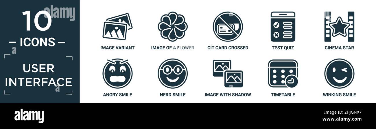 filled user interface icon set. contain flat image variant, image of a flower, cit card crossed, test quiz, cinema star, angry smile, nerd smile, imag Stock Vector