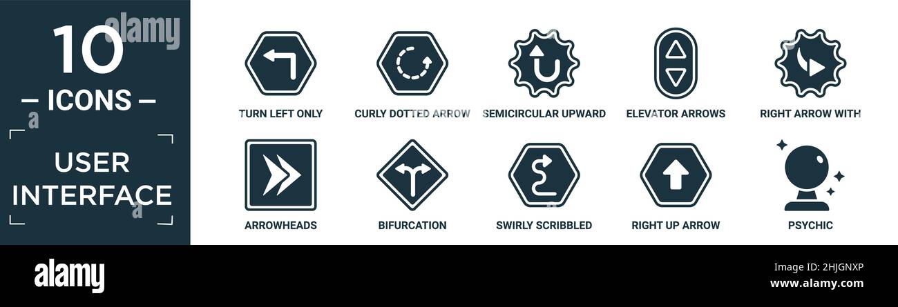 filled user interface icon set. contain flat turn left only, curly dotted arrow, semicircular upward arrow, elevator arrows, right arrow with turn, ar Stock Vector