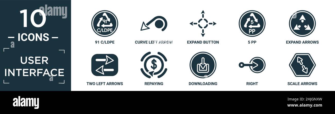 filled user interface icon set. contain flat 91 c/ldpe, curve left arrow, expand button, 5 pp, expand arrows, two left arrows, repaying, downloading, Stock Vector