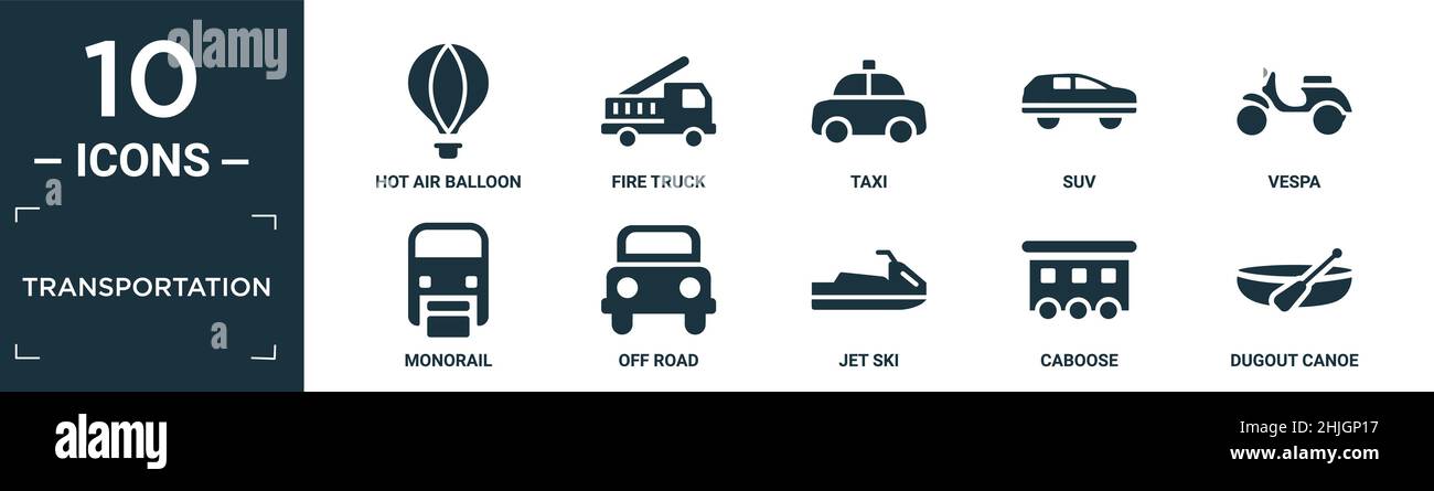 filled transportation icon set. contain flat hot air balloon, fire truck, taxi, suv, vespa, monorail, off road, jet ski, caboose, dugout canoe icons i Stock Vector