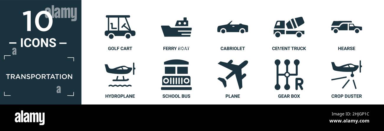 filled transportation icon set. contain flat golf cart, ferry boat, cabriolet, cement truck, hearse, hydroplane, school bus, plane, gear box, crop dus Stock Vector
