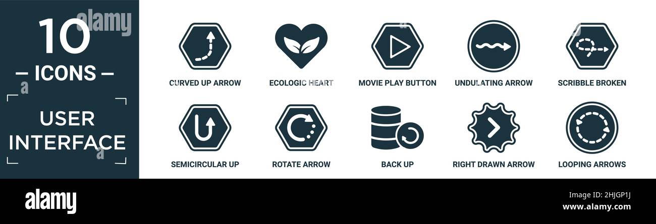 filled user interface icon set. contain flat curved up arrow with broken line, ecologic heart, movie play button, undulating arrow, scribble broken li Stock Vector