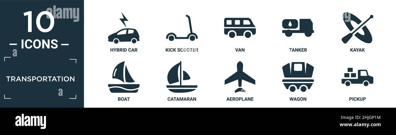 filled transportation icon set. contain flat hybrid car, kick scooter, van, tanker, kayak, boat, catamaran, aeroplane, wagon, pickup icons in editable Stock Vector