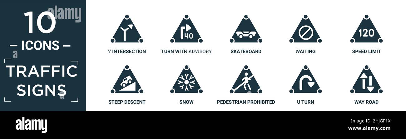 filled traffic signs icon set. contain flat y intersection, turn with advisory speed, skateboard, waiting, speed limit, steep descent, snow, pedestria Stock Vector
