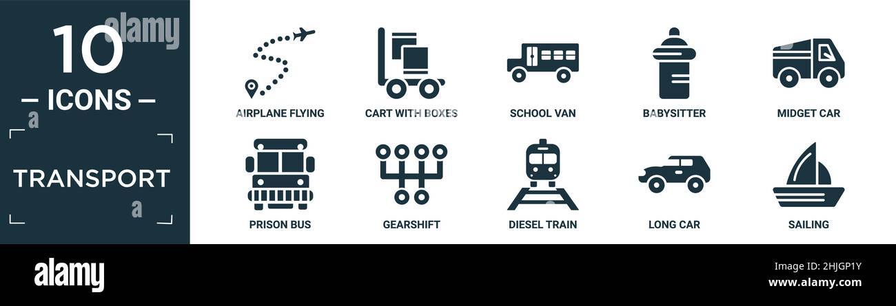 filled transport icon set. contain flat airplane flying, cart with boxes, school van, babysitter, midget car, prison bus, gearshift, diesel train, lon Stock Vector