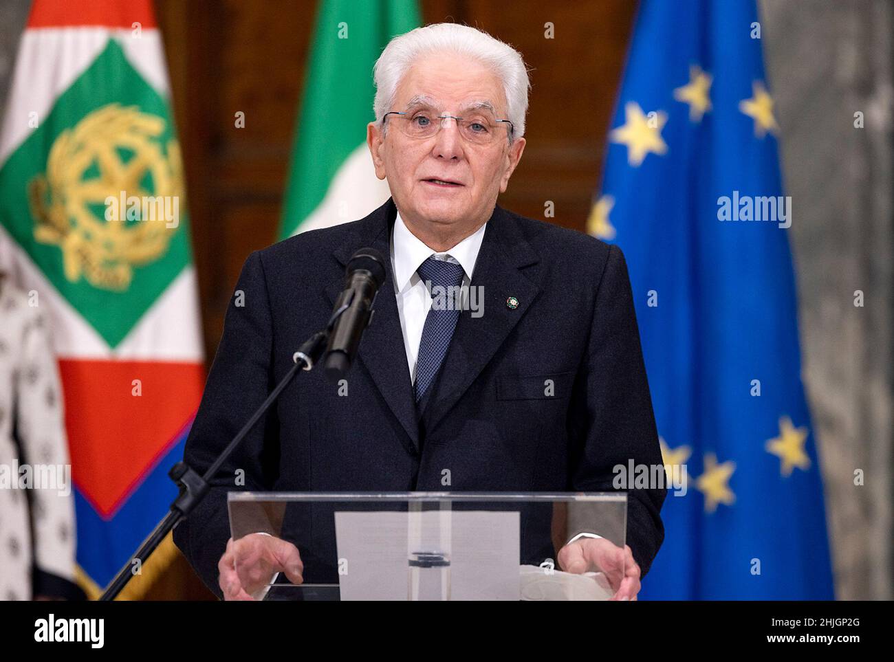 Rome, Italy. 29th Jan, 2022. Italian President Sergio Mattarella makes a declaration after receiving the official notice of his re-election at the Quirinale presidential palace in Rome, Italy, on Jan. 29, 2022. Italian President Sergio Mattarella was elected to a second term, Lower House Speaker Roberto Fico announced late Saturday, after the parliament gathered in a joint session and concluded its eighth round of voting. Credit: Str/Xinhua/Alamy Live News Stock Photo