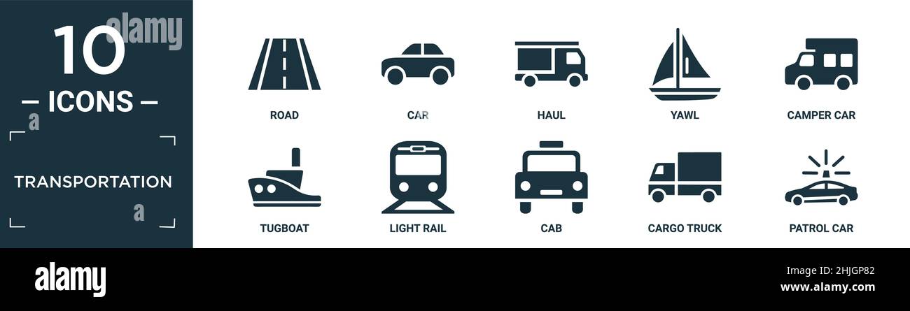 filled transportation icon set. contain flat road, car, haul, yawl, camper car, tugboat, light rail, cab, cargo truck, patrol car icons in editable fo Stock Vector