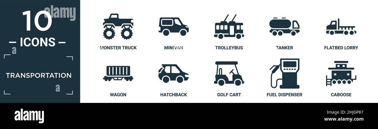 filled transportation icon set. contain flat monster truck, minivan, trolleybus, tanker, flatbed lorry, wagon, hatchback, golf cart, fuel dispenser, c Stock Vector
