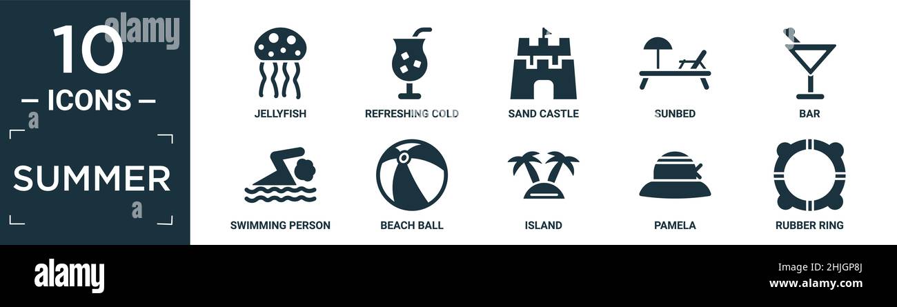 filled summer icon set. contain flat jellyfish, refreshing cold drink, sand castle, sunbed, bar, swimming person, beach ball, island, pamela, rubber r Stock Vector