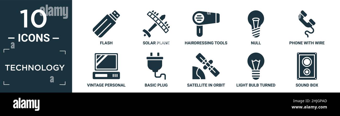 filled technology icon set. contain flat flash, solar plane, hairdressing tools, null, phone with wire, vintage personal computer, basic plug, satelli Stock Vector