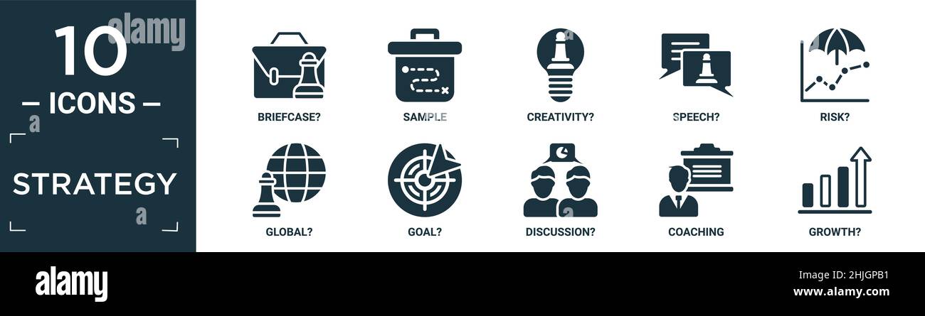 filled strategy icon set. contain flat briefcase?, sample, creativity ...